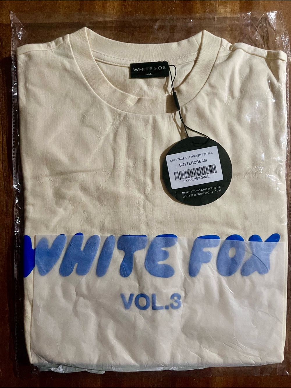 White Fox Unisex Offstage Oversized Tee, M/L, Buttercream & Blue, Short Sleeve